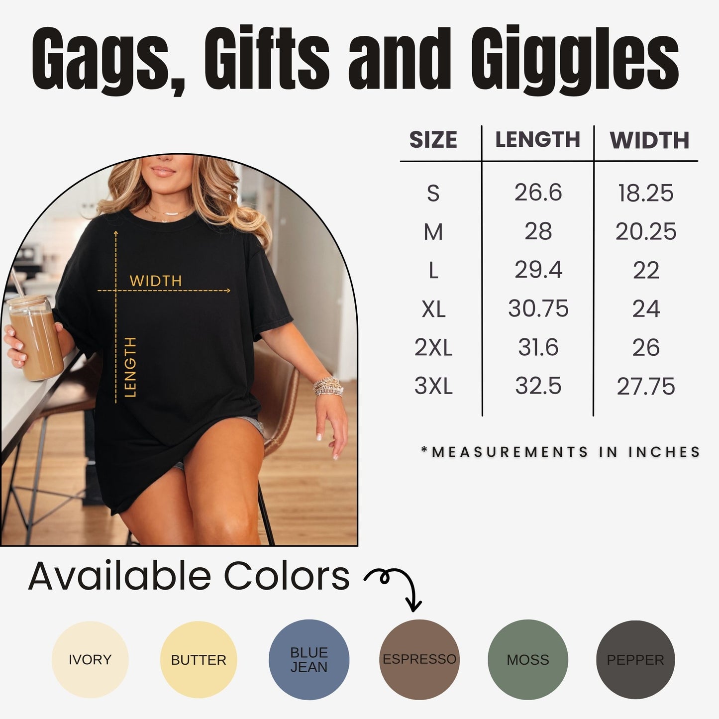 T-shirt size chart with length and width measurements in inches. Available colors include ivory, butter, blue jean, espresso, moss, and pepper.