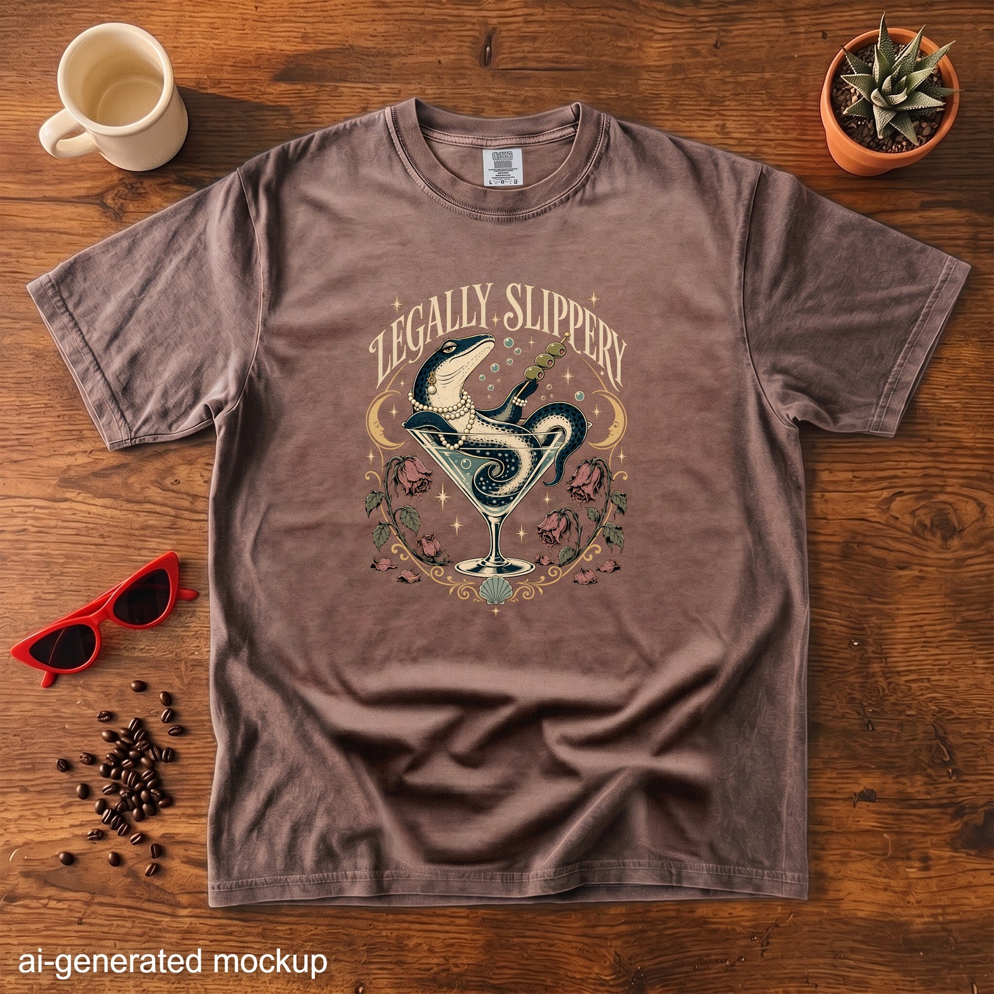T-shirt graphic of a lizard in a martini glass with "LEGALLY SLIPPERY" text.