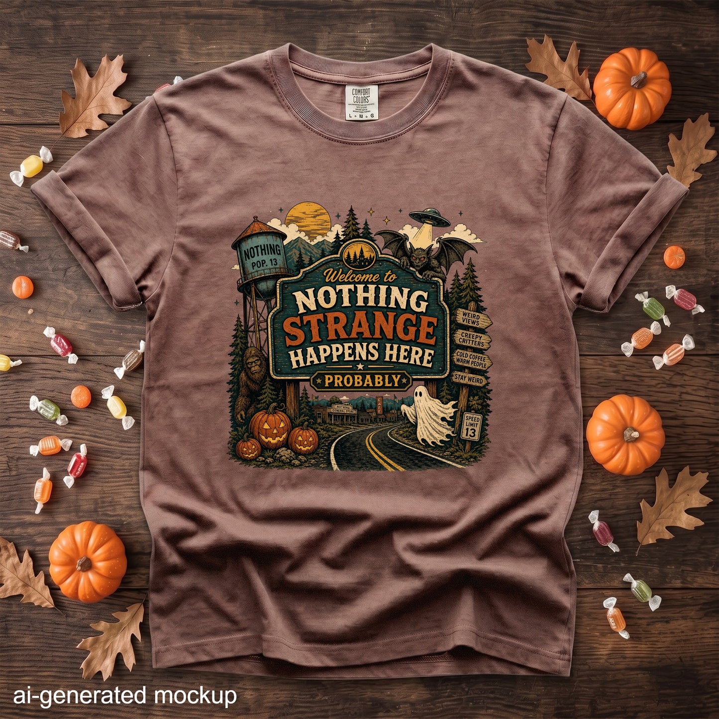 Brown t-shirt with "Nothing Strange Happens Here Probably" Halloween graphic.