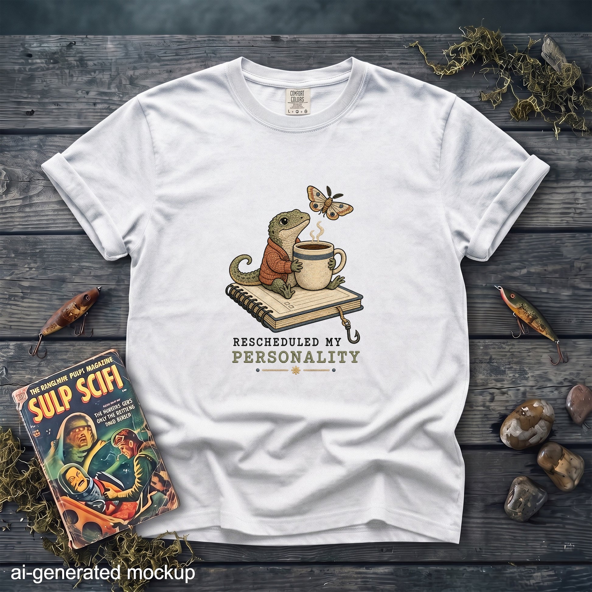 A white t-shirt featuring an illustration of a lizard drinking coffee on a notebook with a moth.