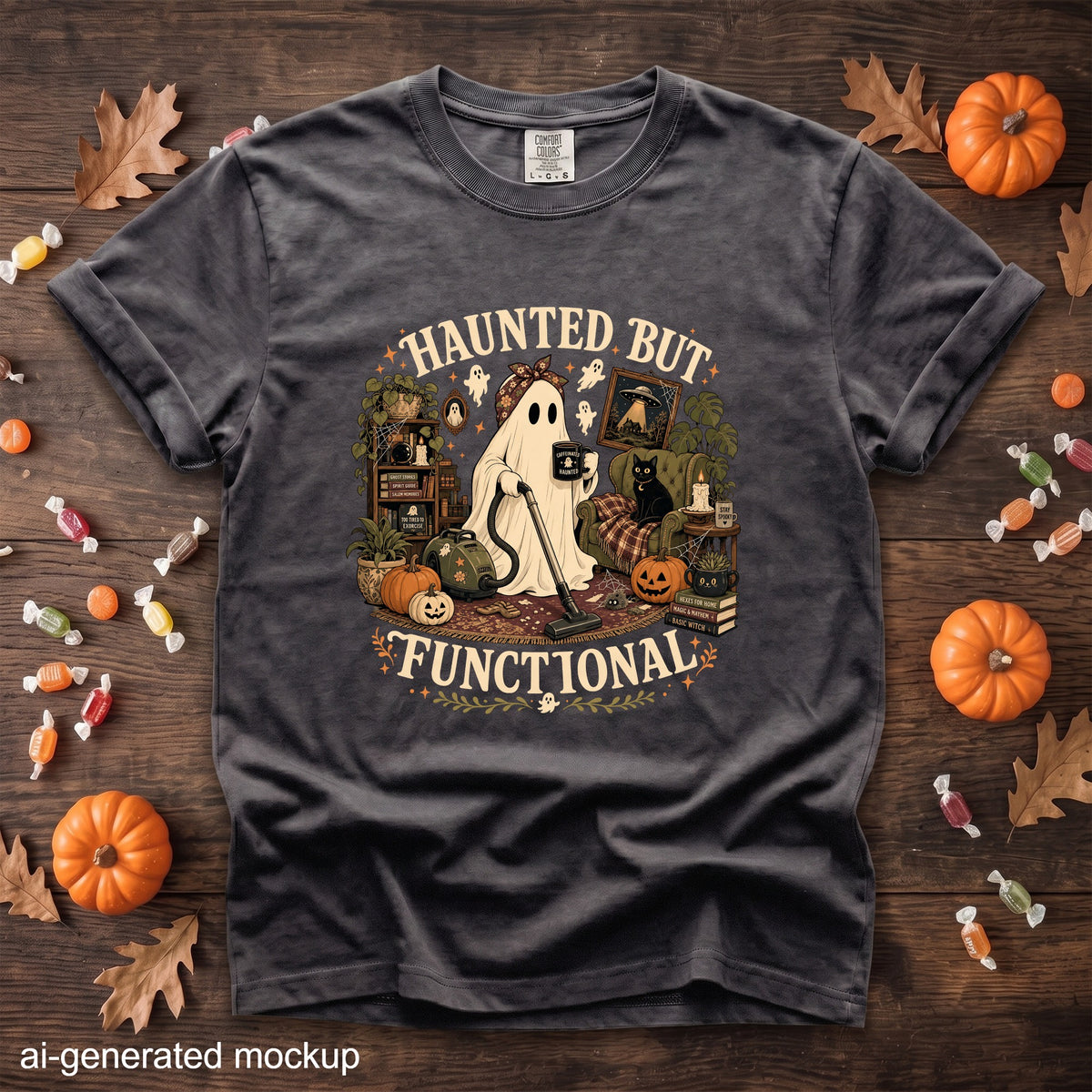Charcoal t-shirt with "Haunted But Functional" Halloween graphic featuring a ghost vacuuming.