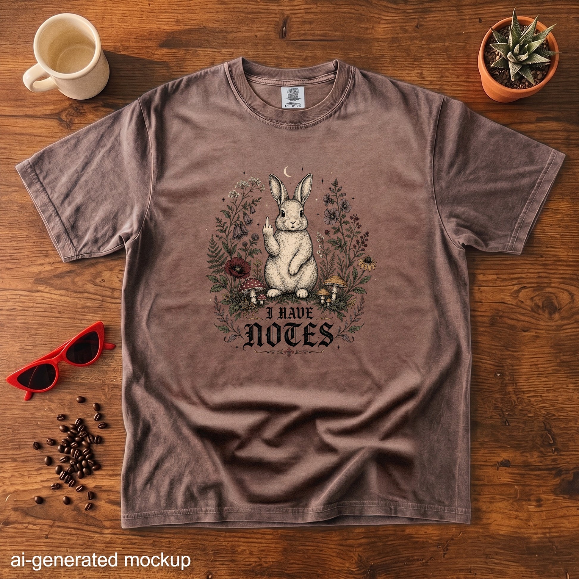Brown t-shirt with a rabbit flipping the bird and text "I HAVE NOTES".