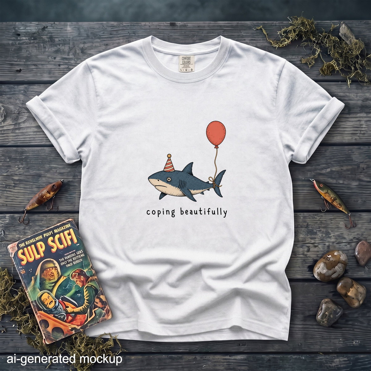 White t-shirt with a cartoon shark wearing a party hat and holding a balloon, captioned "coping beautifully."