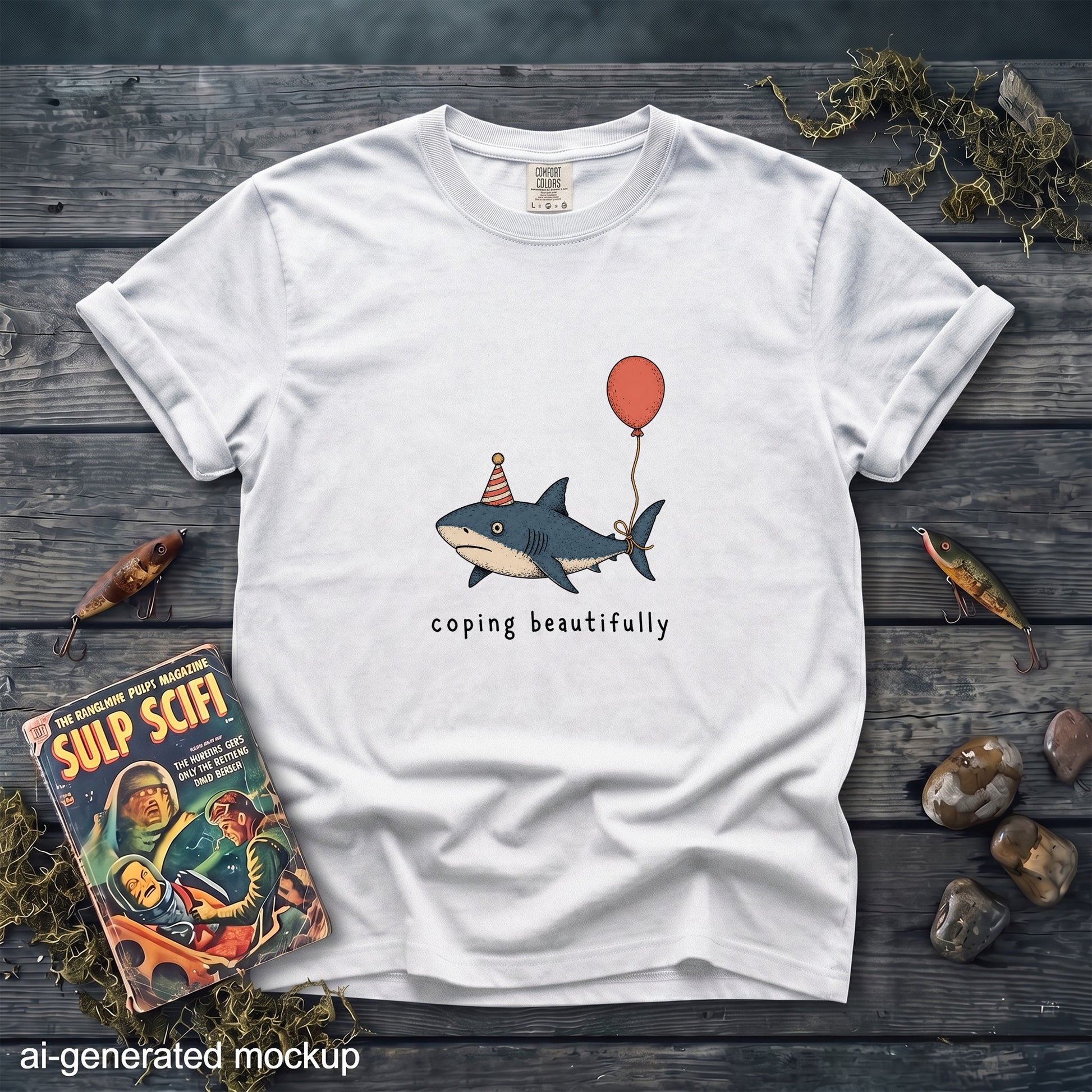White t-shirt with a cartoon shark wearing a party hat and holding a balloon, captioned "coping beautifully."