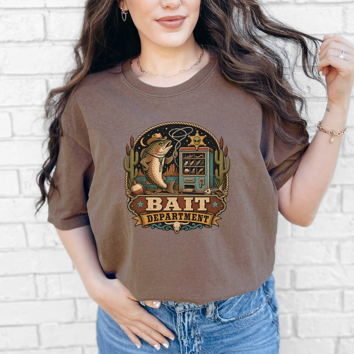 Brown t-shirt graphic with a fishing theme and the text "Bait Department".
