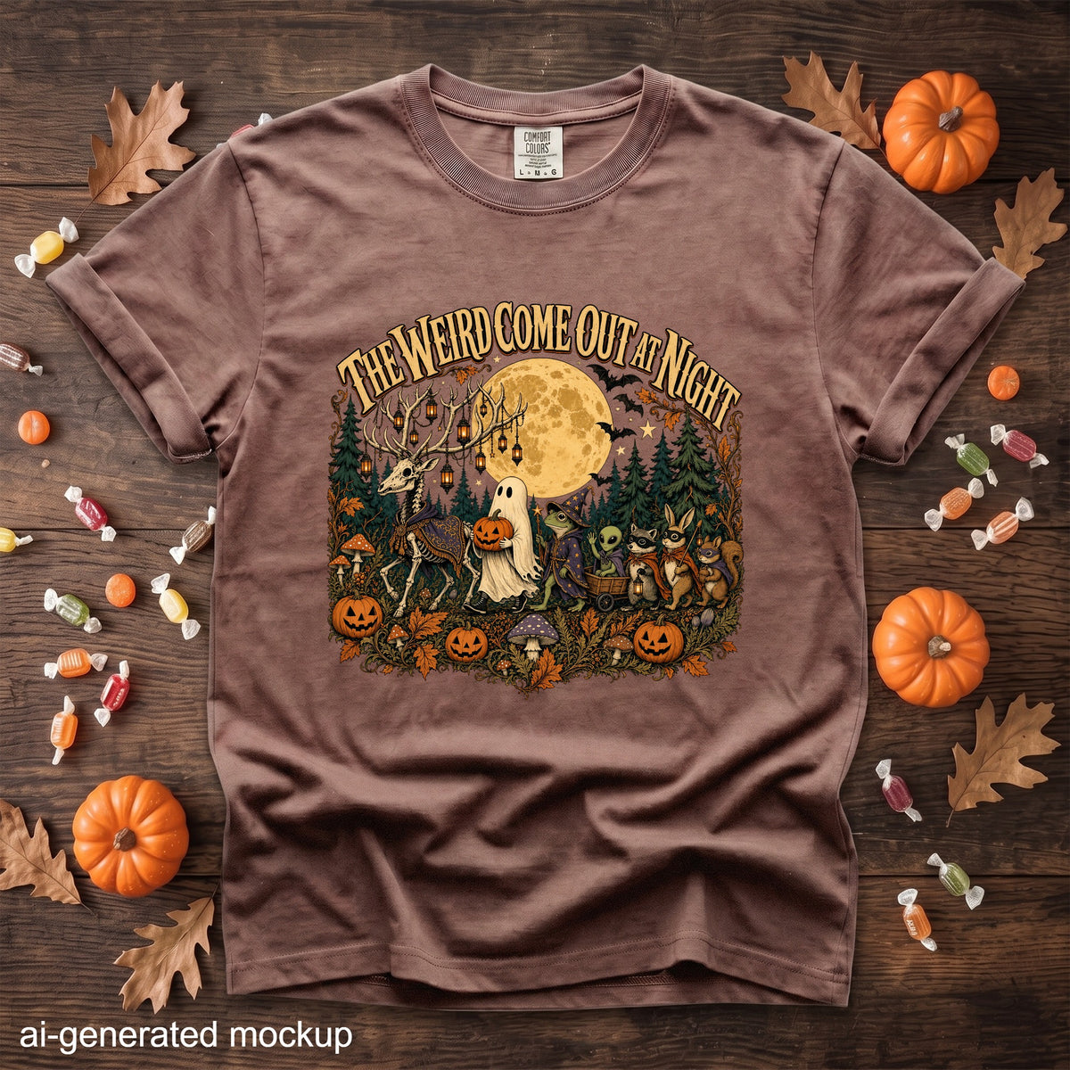 Brown t-shirt with "The Weird Come Out At Night" Halloween graphic featuring skeleton deer, ghost, frog, and woodland creatures.