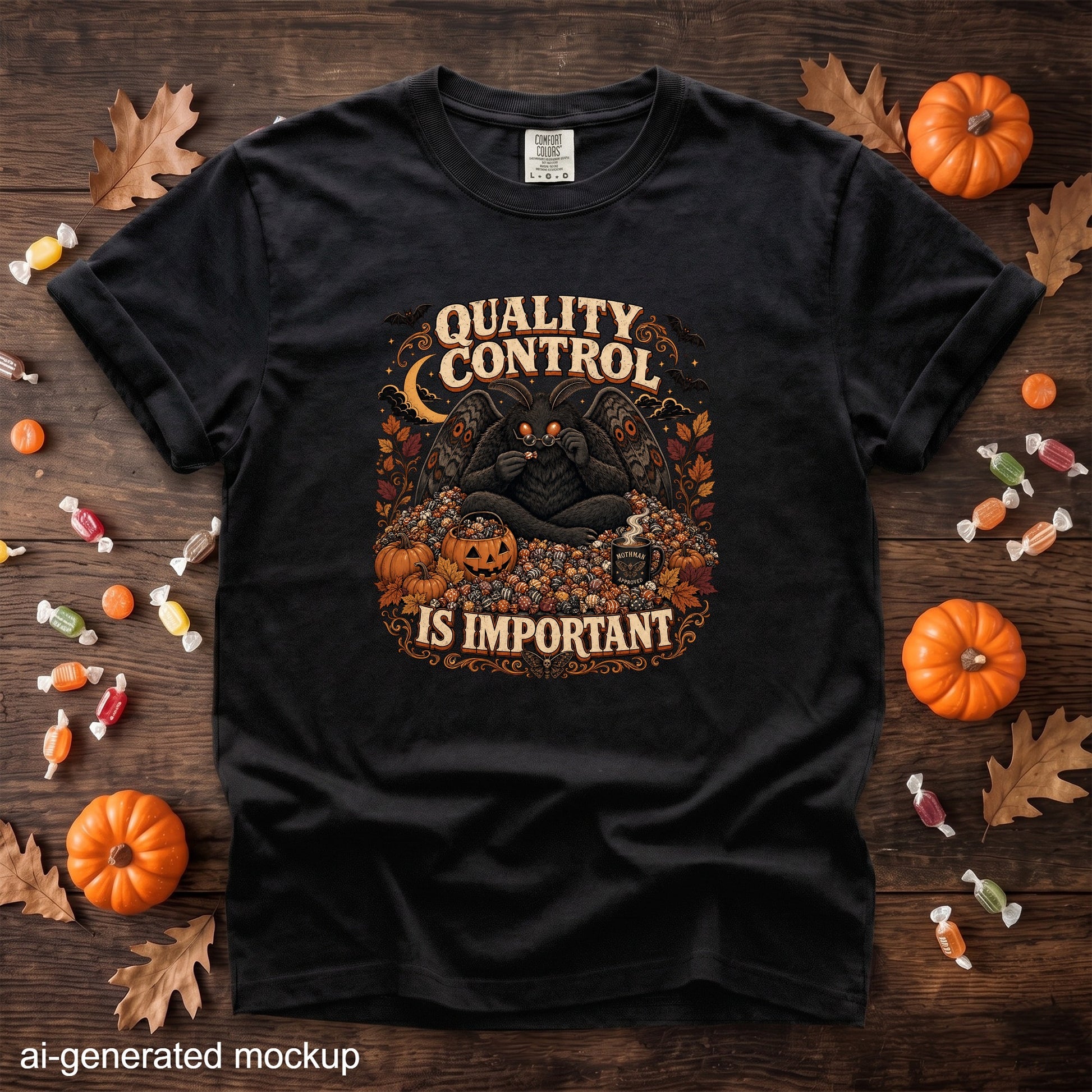 Black t-shirt with "Quality Control Is Important" text and Mothman graphic.