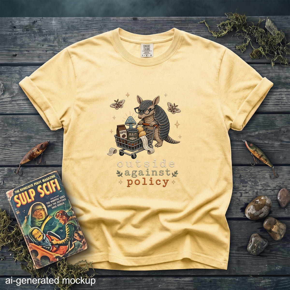 Yellow t-shirt with an armadillo pushing a shopping cart and text "outside against policy".