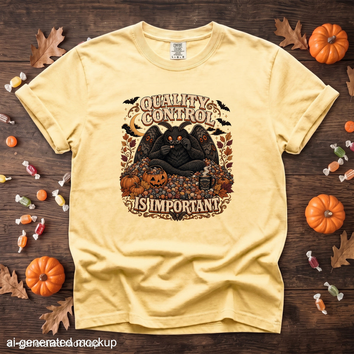 Yellow t-shirt with a mothman graphic that says "Quality Control Is Important".