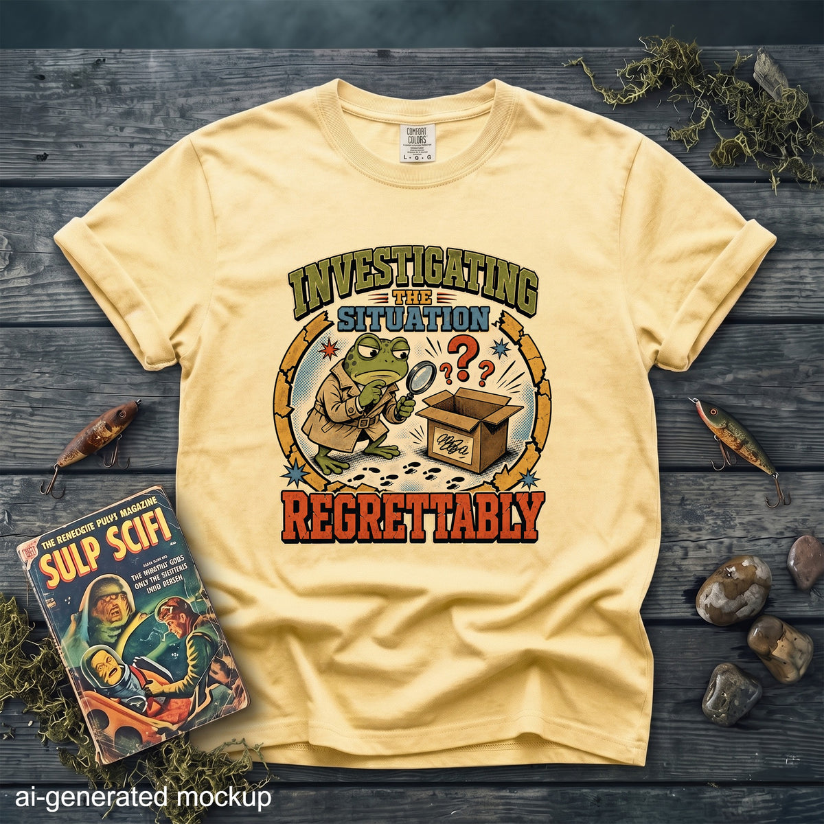 A light yellow t-shirt with a vintage detective frog graphic and the text Investigating the Situation Regrettably.