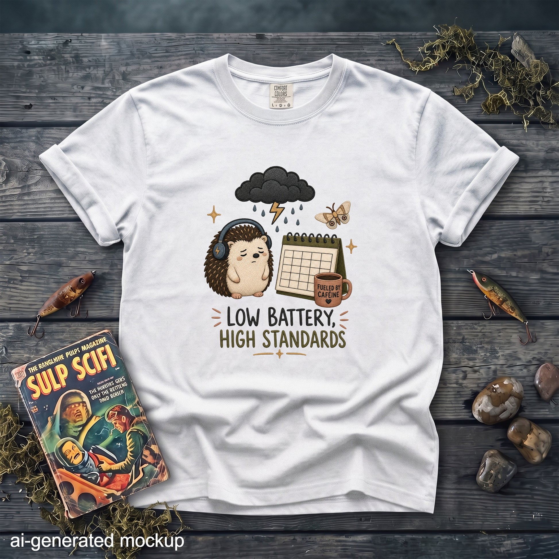 White t-shirt with hedgehog, cloud, calendar, and "Low Battery, High Standards" text.