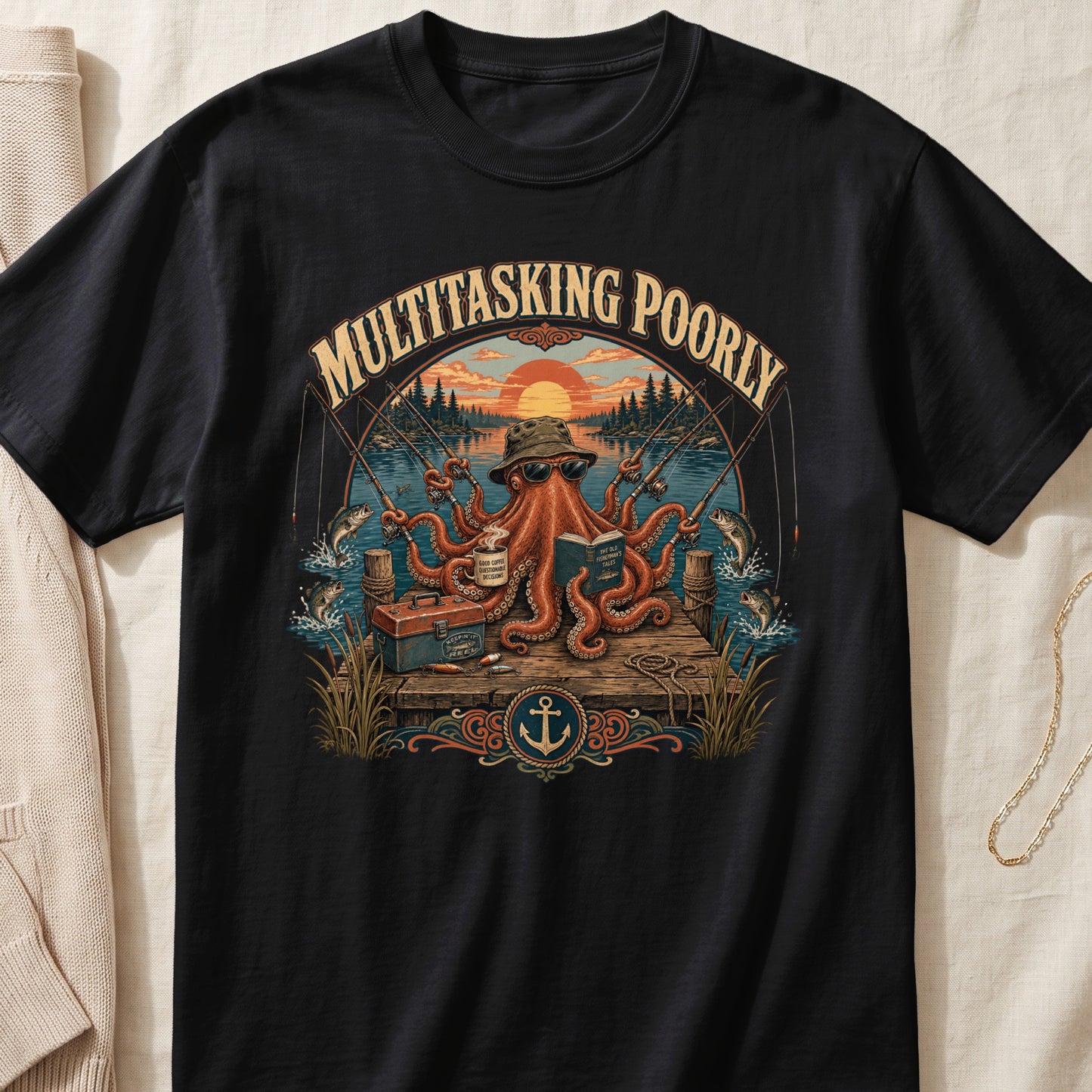Octopus fishing with mug and book, reads "Multitasking Poorly".
