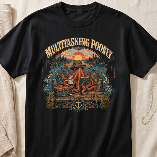 Octopus fishing with mug and book, reads "Multitasking Poorly".