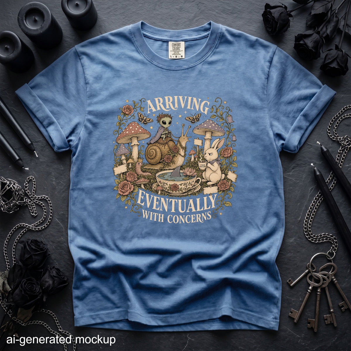 Blue t-shirt with "Arriving Eventually With Concerns" graphic featuring alien, rabbit, snail, and mushrooms.