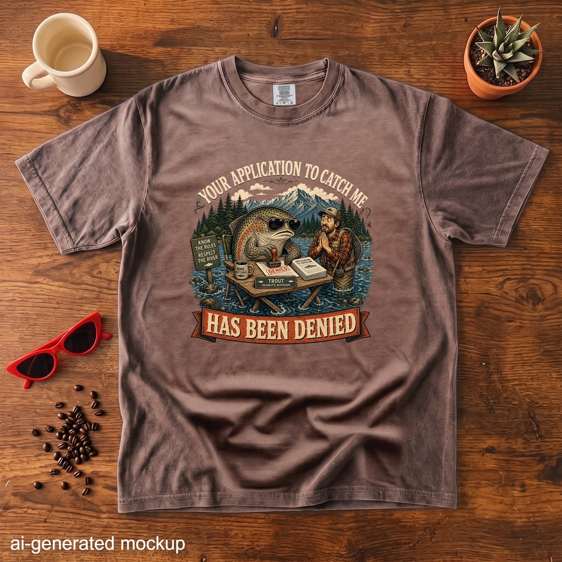 T-shirt graphic with text "Your application to catch me has been denied".