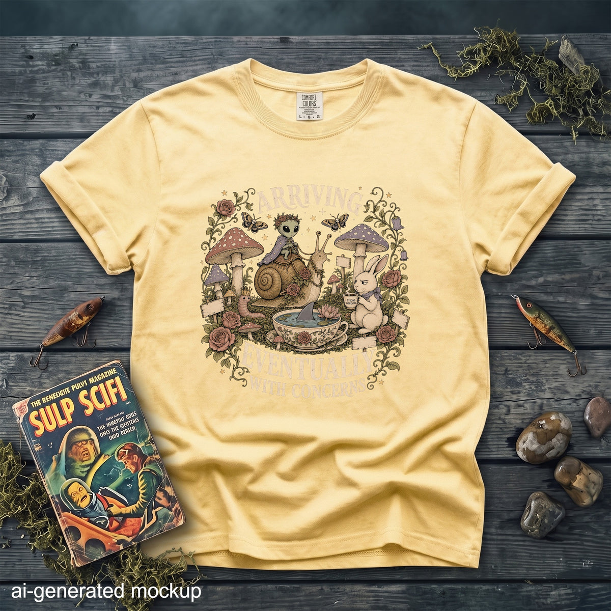 Yellow t-shirt with "Arriving Eventually With Concerns" alien, snail, and bunny graphic.