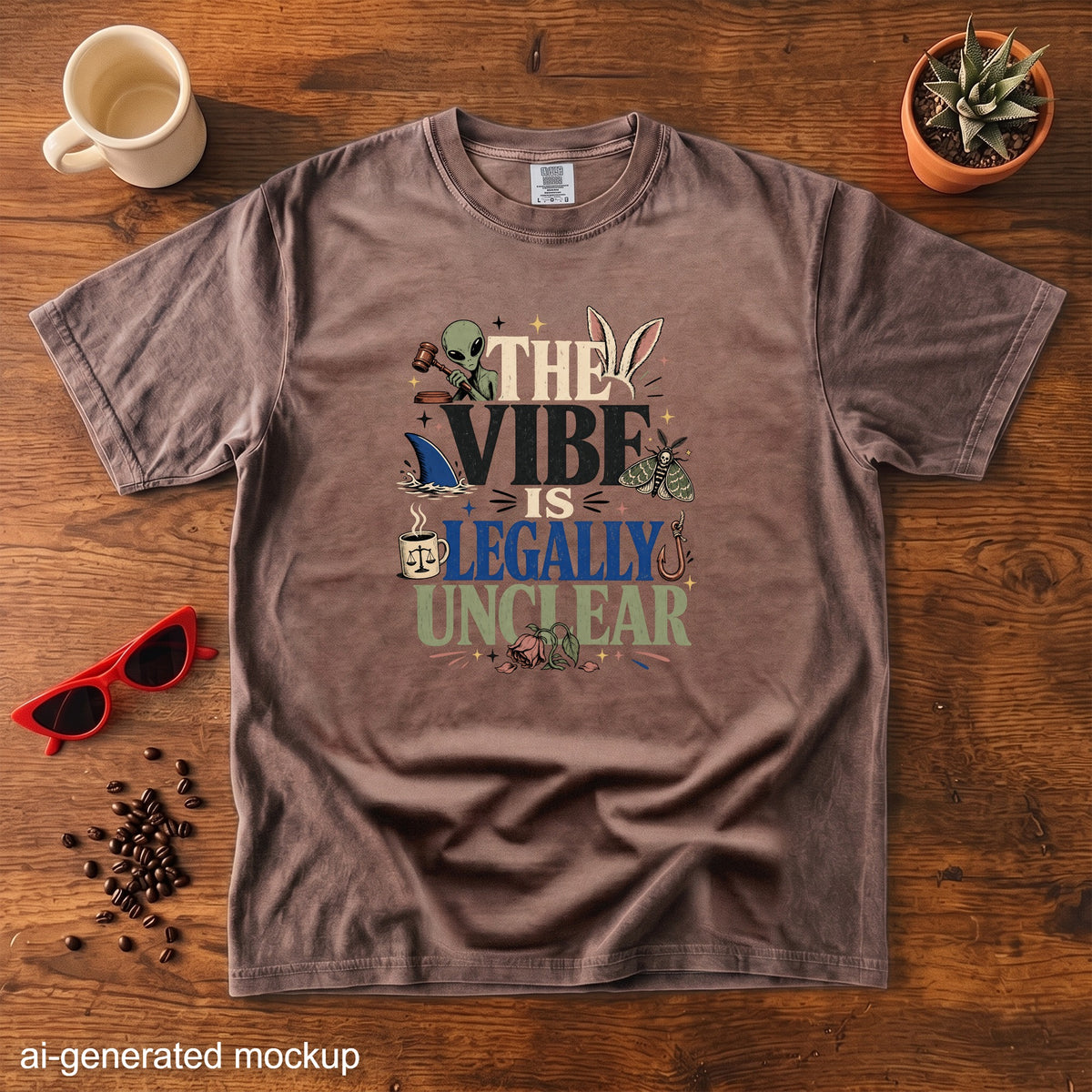 Brown t-shirt with graphic text "The Vibe Is Legally Unclear" and various icons.