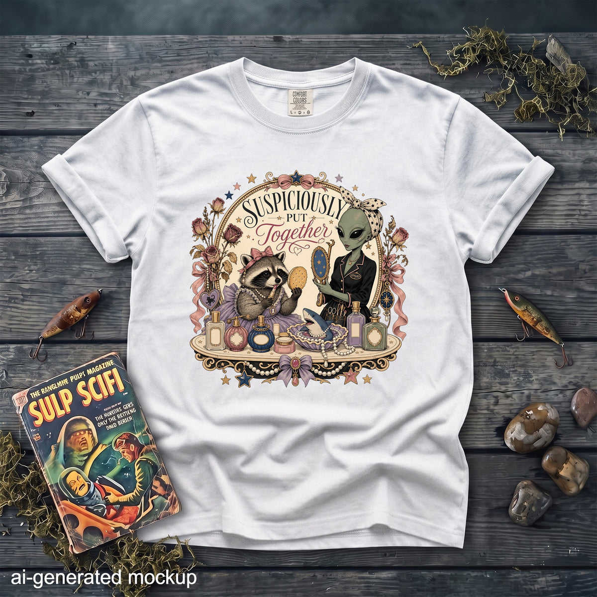 A white t-shirt featuring a vintage illustration of a raccoon and an alien applying makeup together.