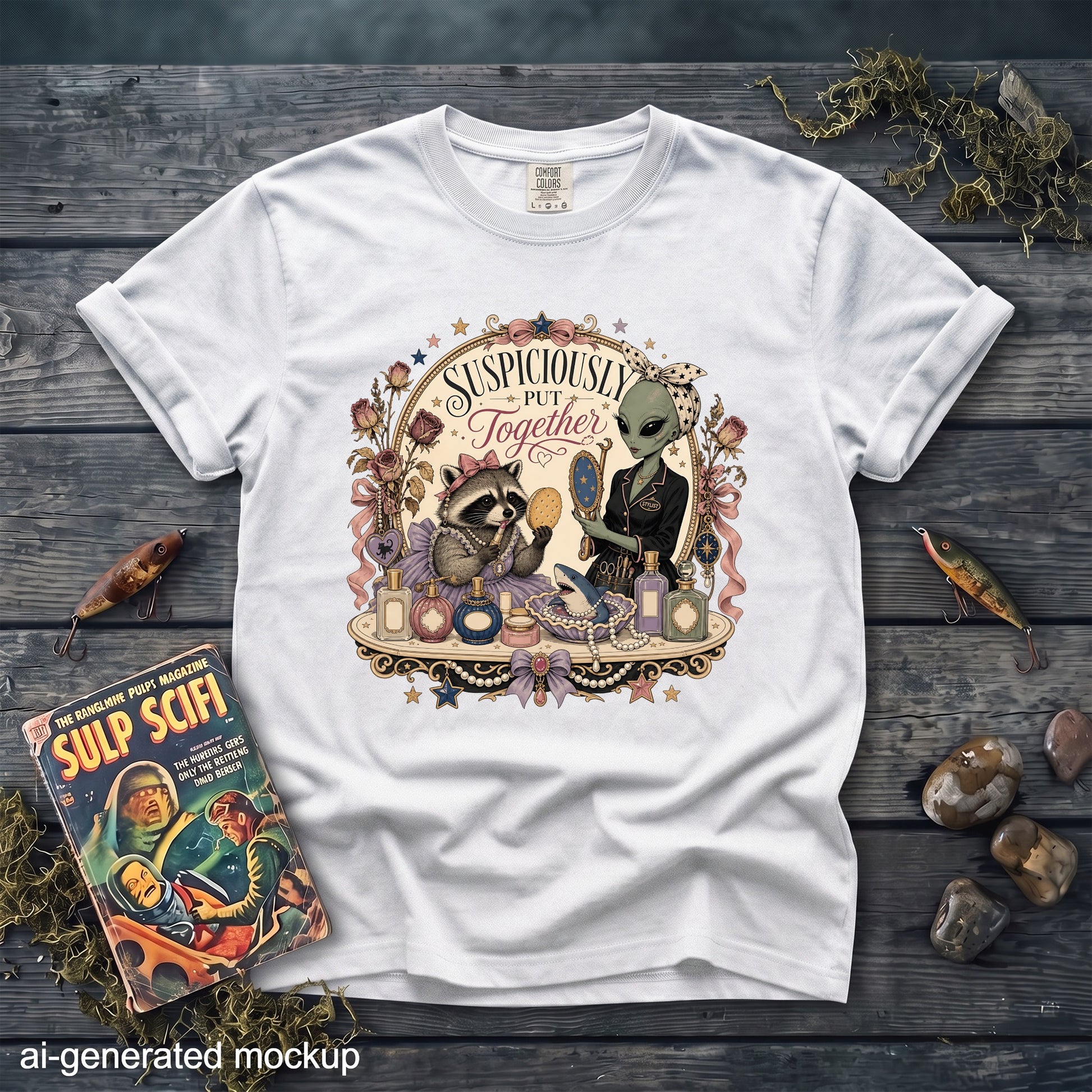 A white t-shirt featuring a vintage illustration of a raccoon and an alien applying makeup together.