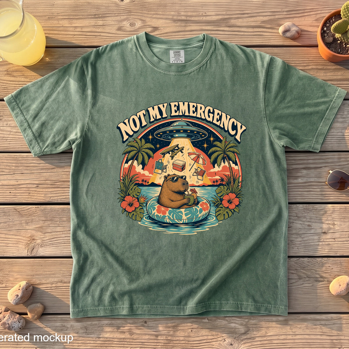 Green t-shirt with "NOT MY EMERGENCY" text and capybara in a UFO abduction scene.
