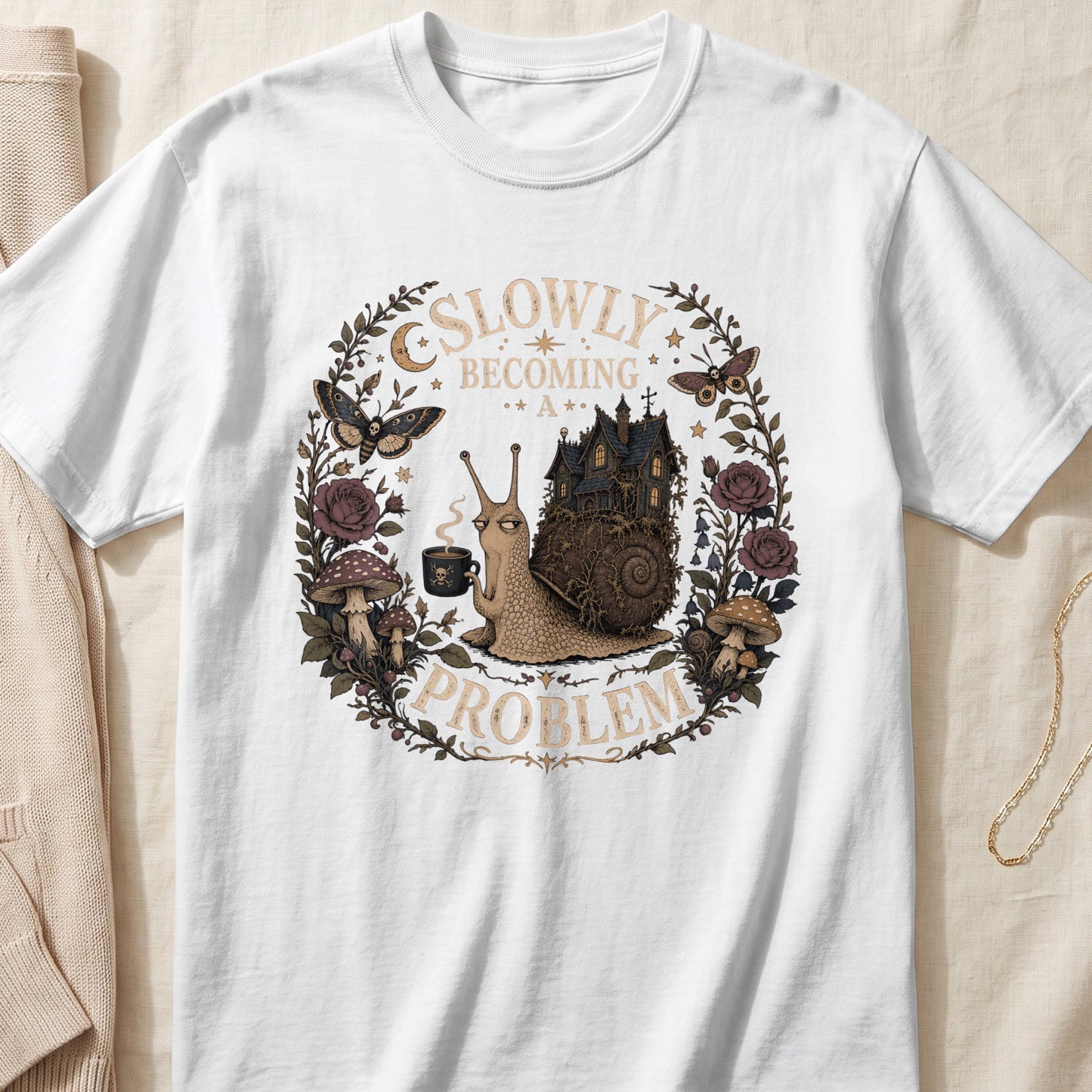 White t-shirt with snail house graphic, quote "SLOWLY BECOMING A PROBLEM".