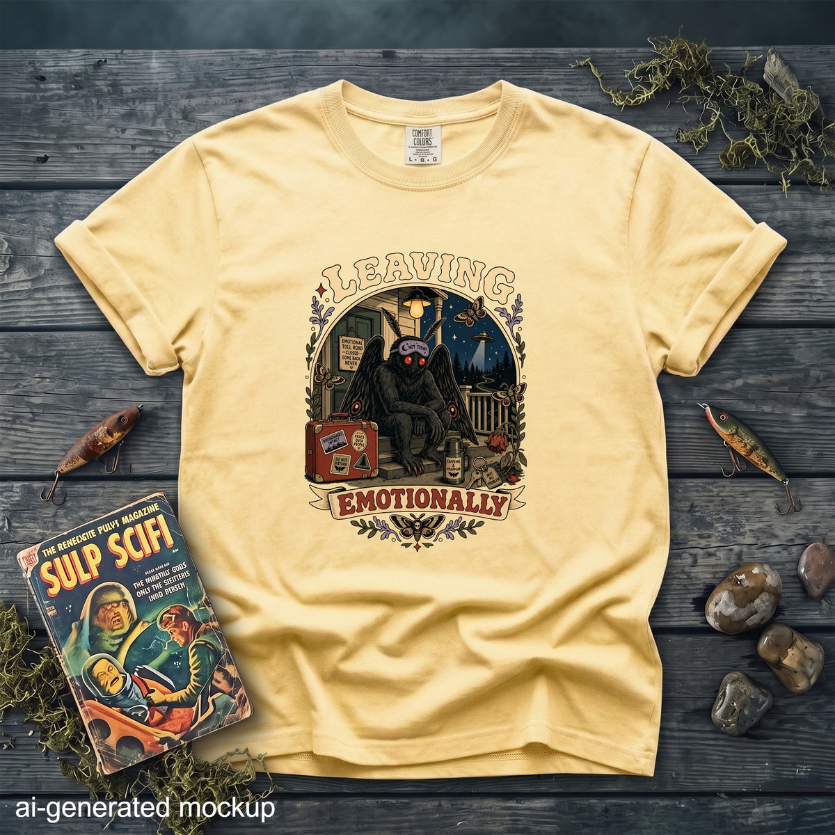 Yellow t-shirt with mothman graphic saying "Leaving Emotionally" and "Not Today."