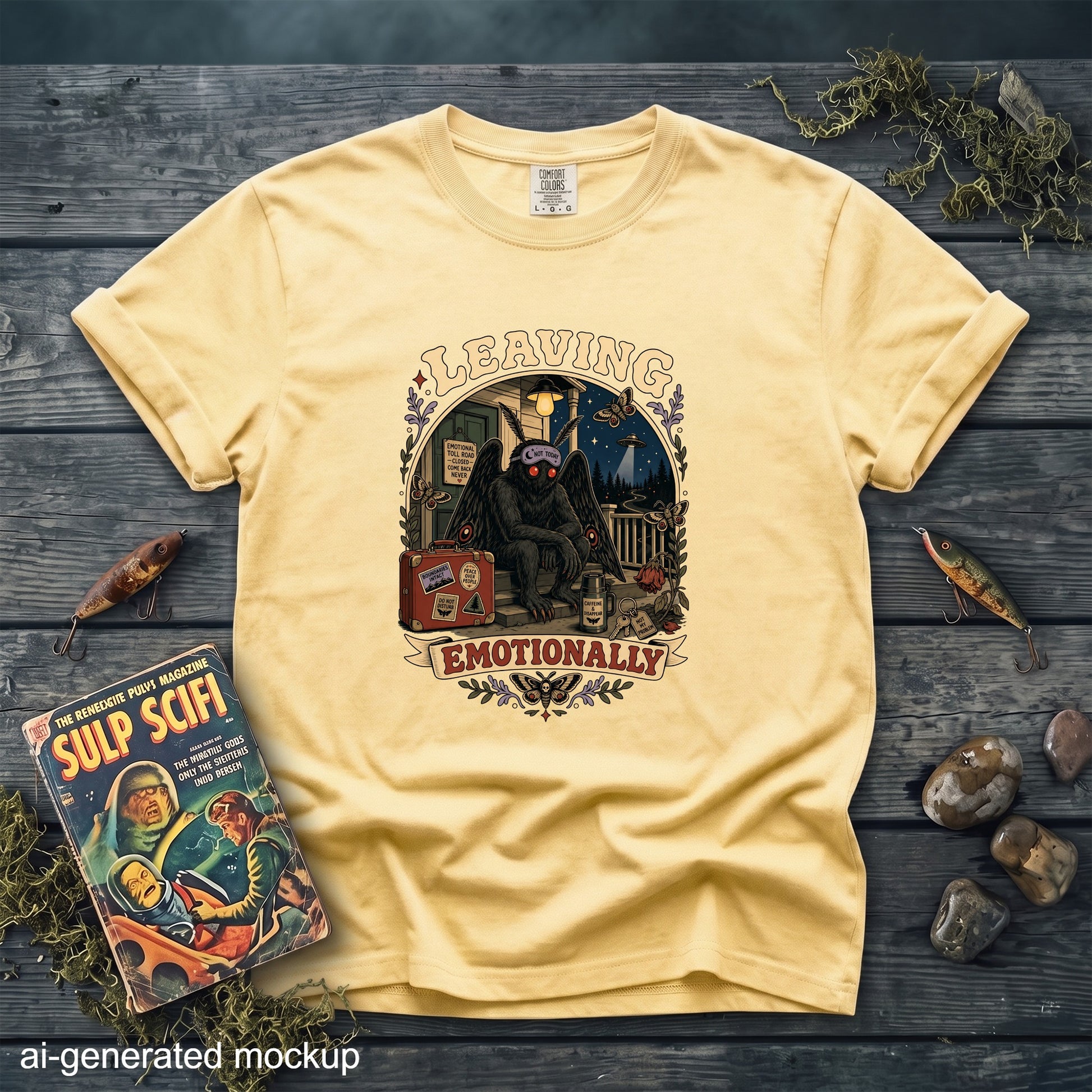 Yellow t-shirt with mothman graphic saying "Leaving Emotionally" and "Not Today."