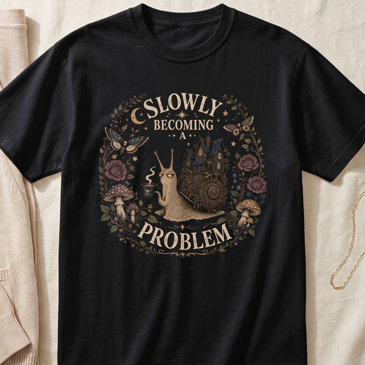 Black t-shirt with a graphic of a snail, haunted house, moon, and text "SLOWLY BECOMING A PROBLEM".