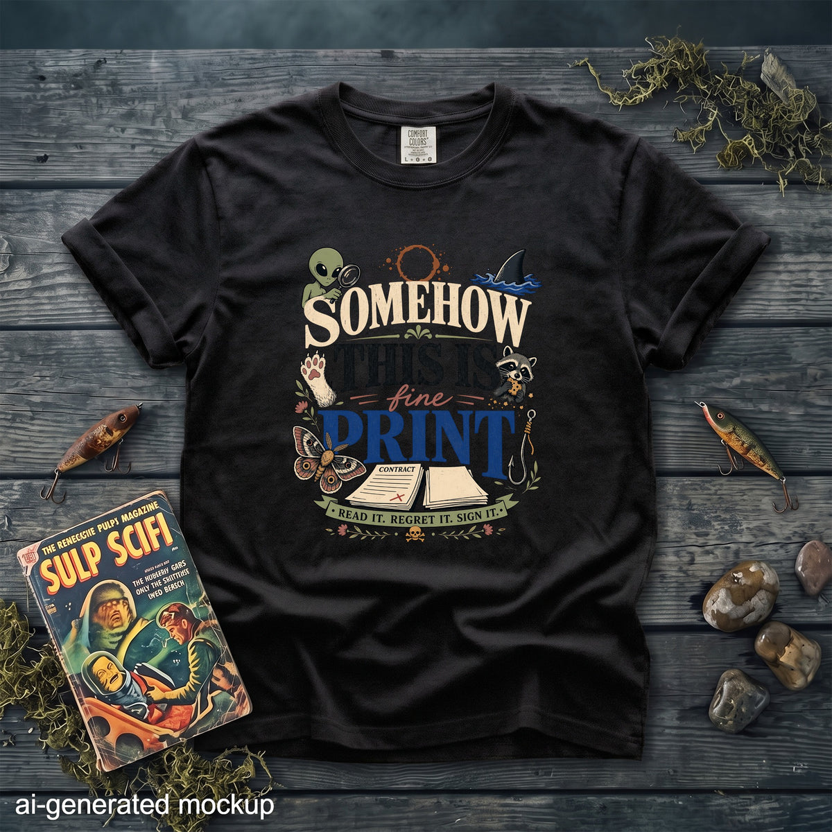 Black t-shirt featuring a colorful graphic with the text "SOMEHOW THIS IS FINE PRINT" surrounded by various illustrations.