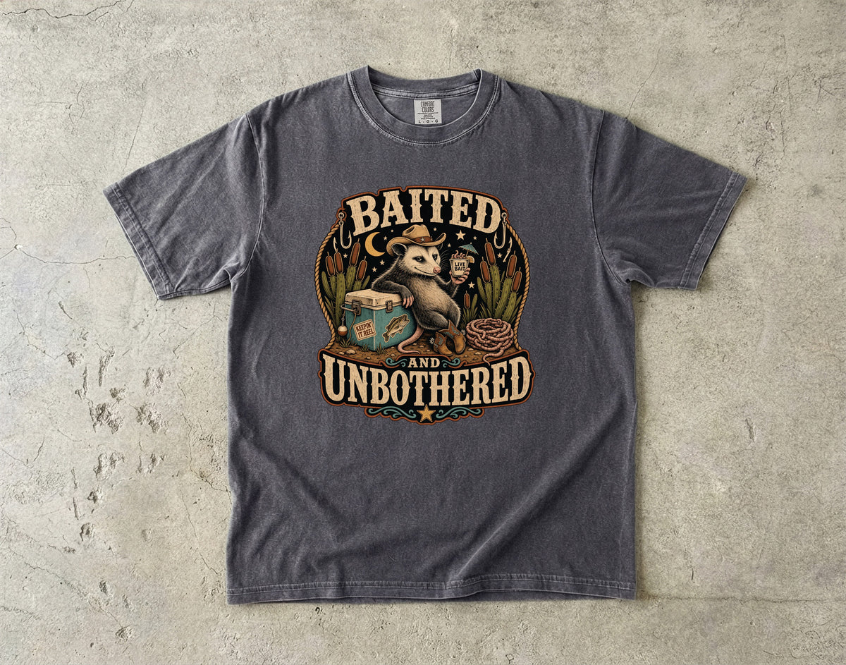 Opossum wearing cowboy hat, "Baited and Unbothered" text, fishing gear graphic on t-shirt.