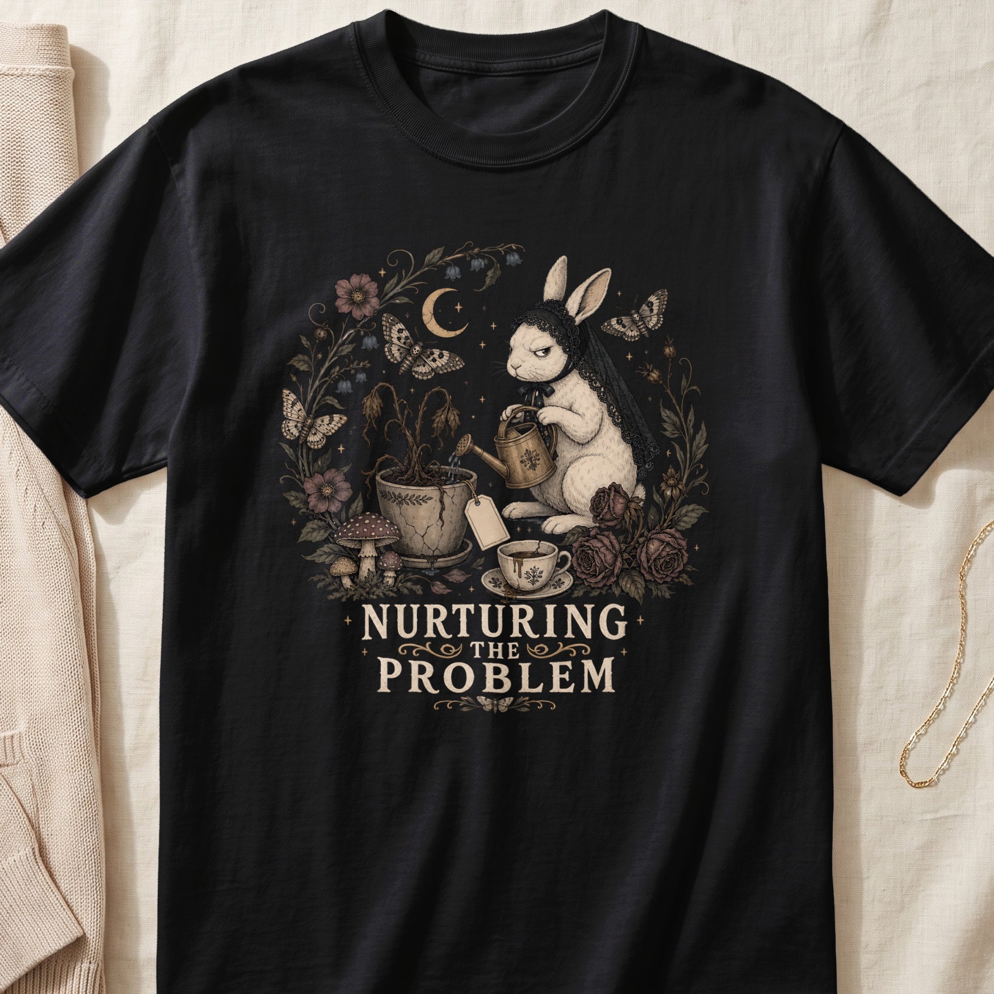 A black t-shirt features a graphic of a rabbit watering a dead plant, with text reading NURTURING THE PROBLEM.
