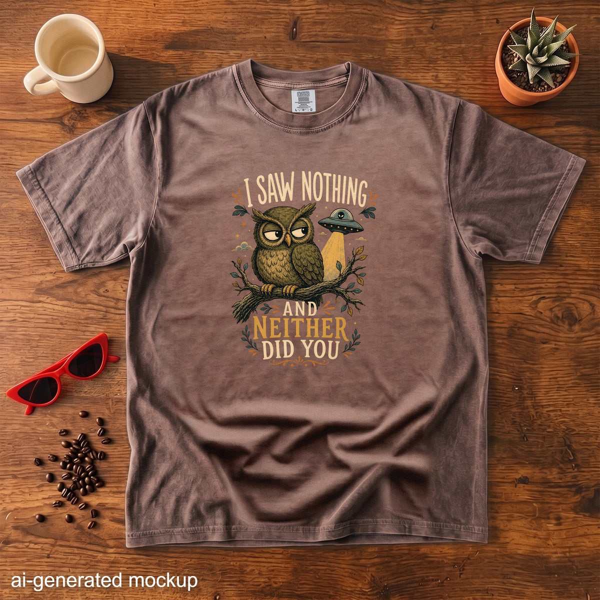 Brown t-shirt with owl and UFO graphic reading "I saw nothing and neither did you."
