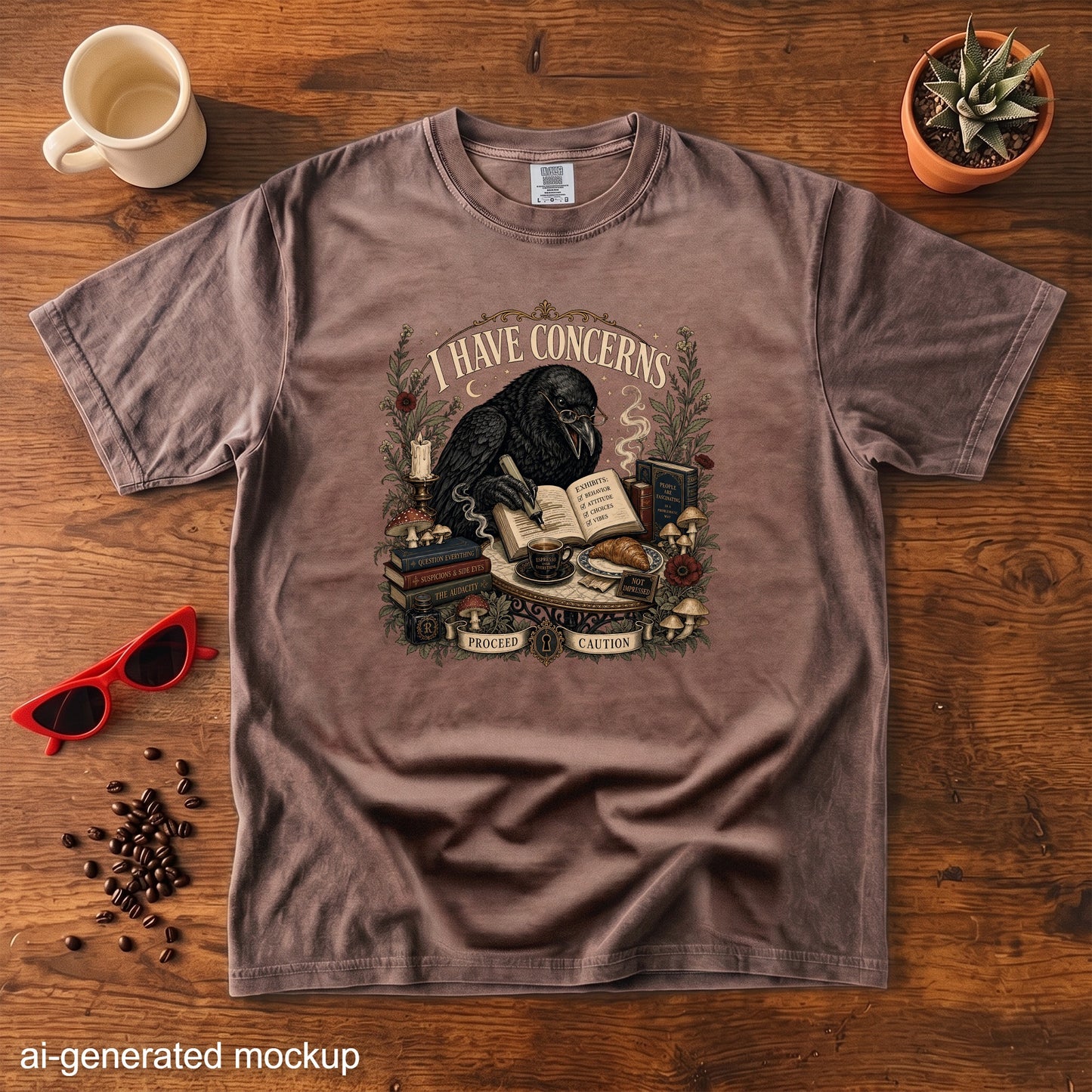 T-shirt with crow reading books, "I HAVE CONCERNS" text, coffee and croissant.