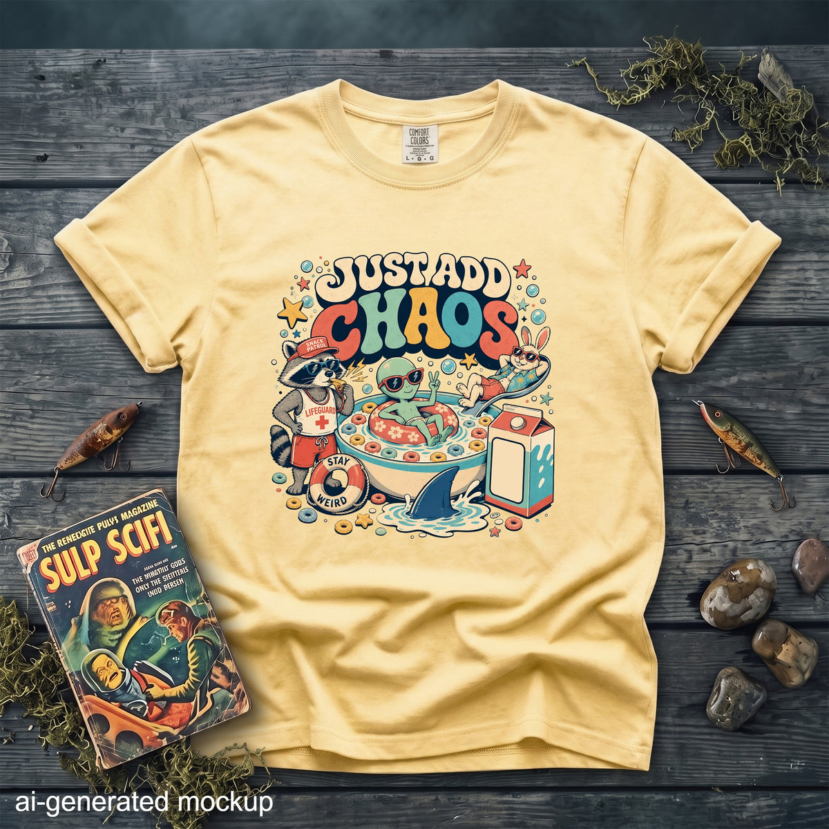 Yellow t-shirt with a retro cartoon graphic of an alien, raccoon, and rabbit in a cereal bowl.