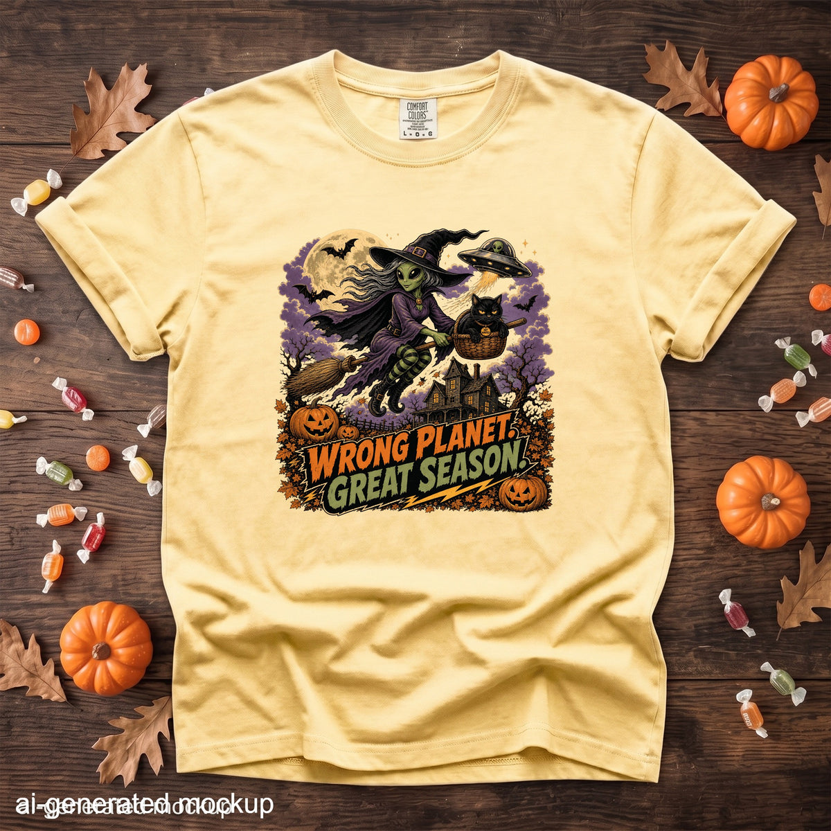 Yellow t-shirt with Halloween graphic of alien witch, black cat, haunted house, and text.