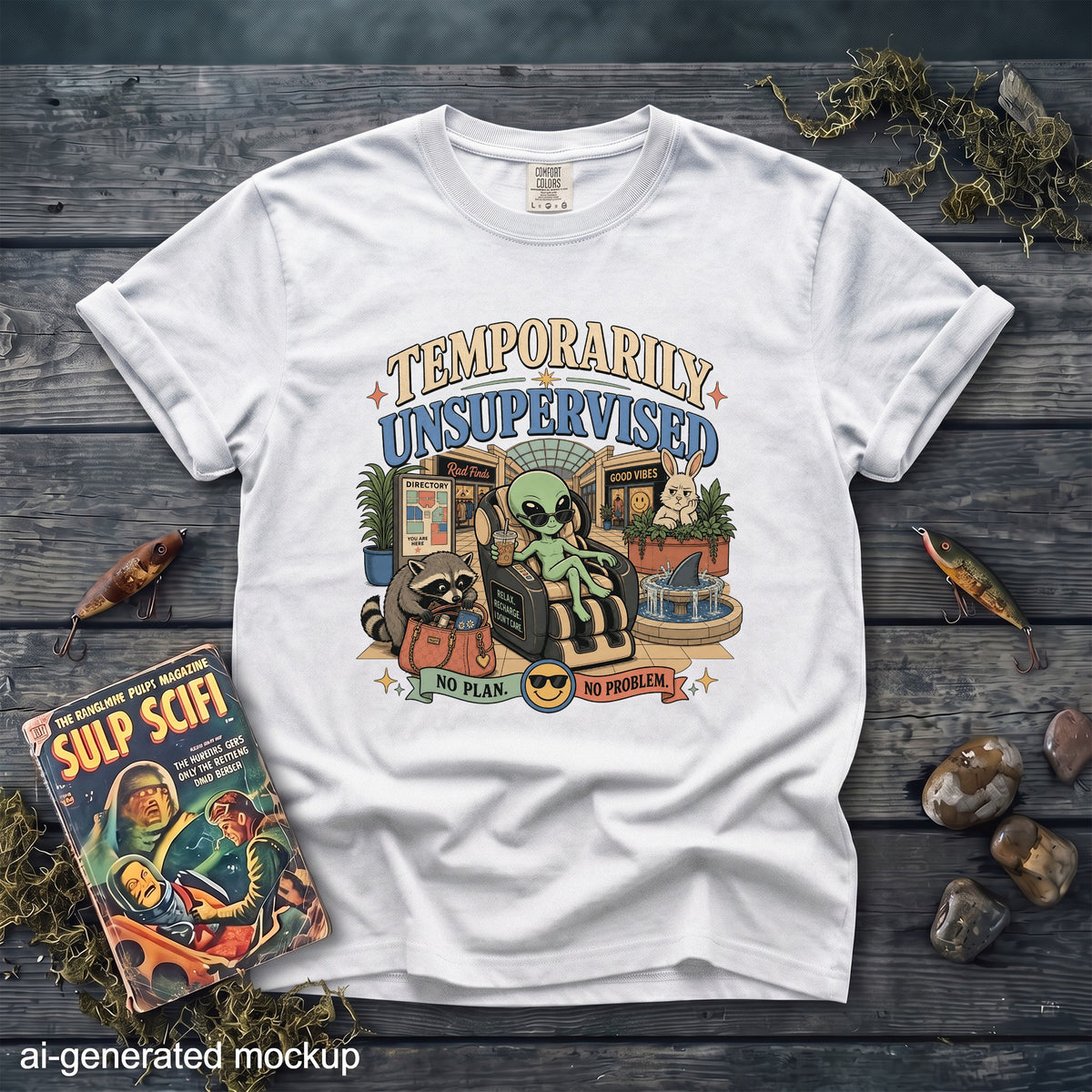 A white t-shirt featuring a cartoon graphic of an alien in sunglasses, a raccoon, and a rabbit in a mall with the text "Temporarily Unsupervised."