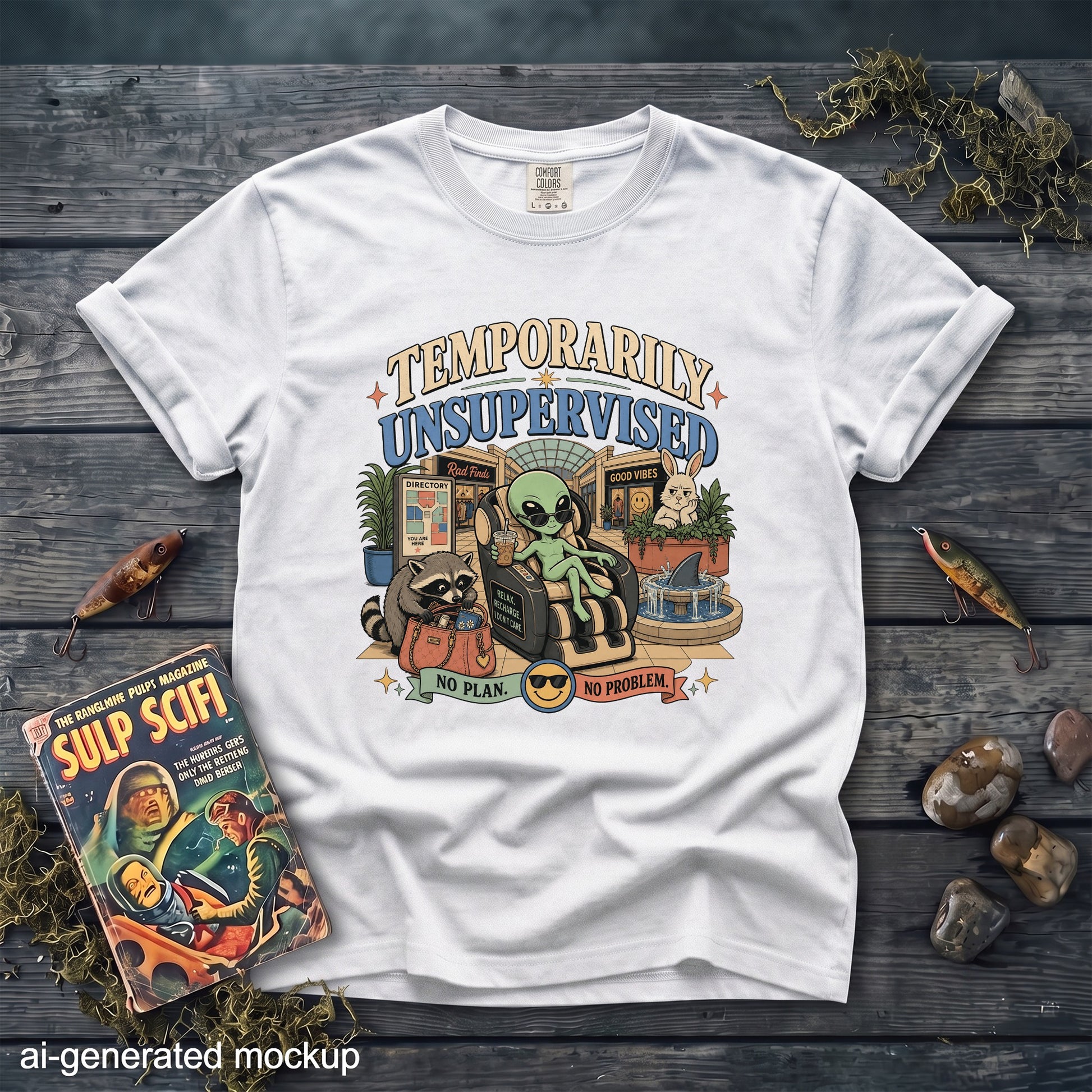 A white t-shirt featuring a cartoon graphic of an alien in sunglasses, a raccoon, and a rabbit in a mall with the text "Temporarily Unsupervised."