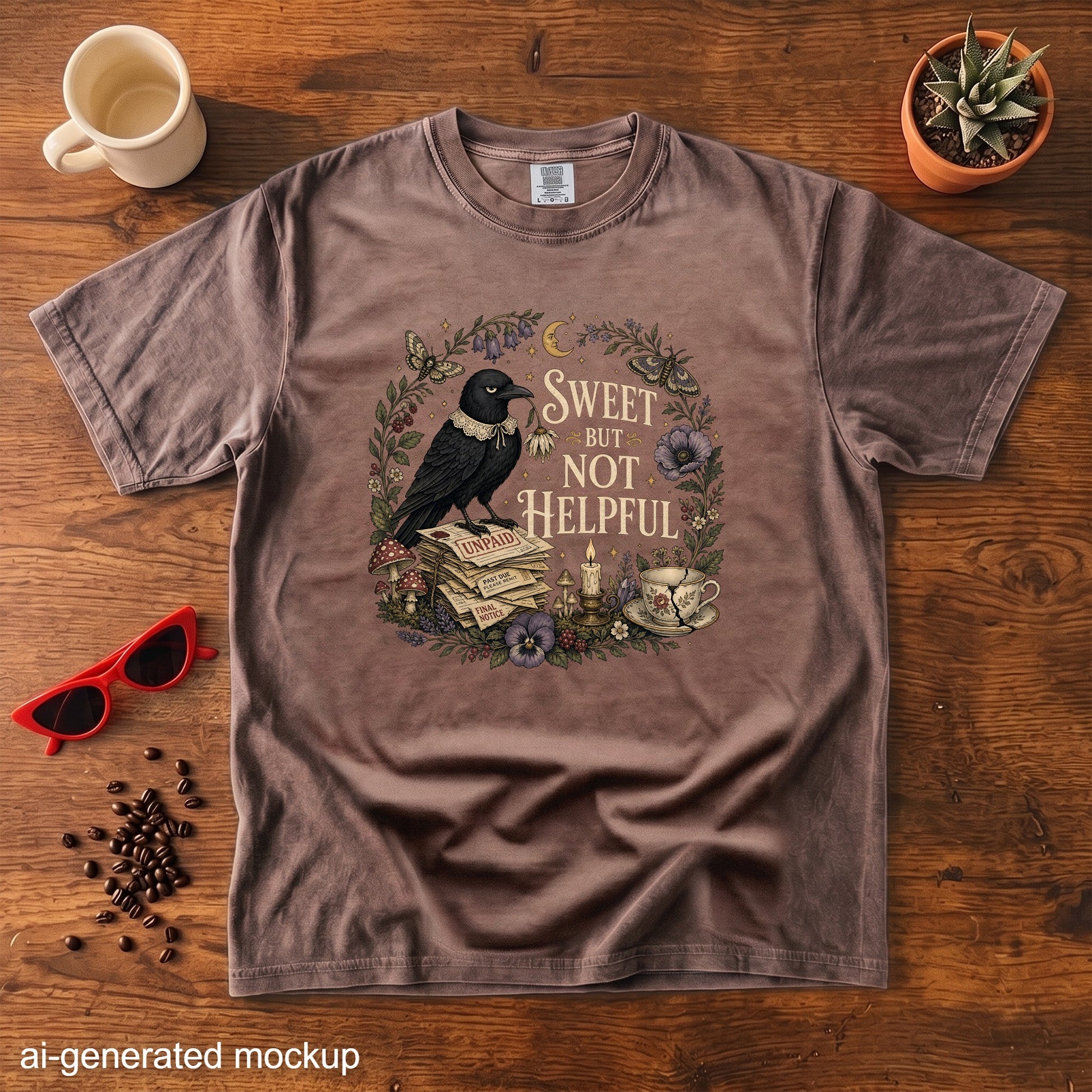 Crowt with "Sweet but Not Helpful" text on a brown t-shirt with mystical elements.
