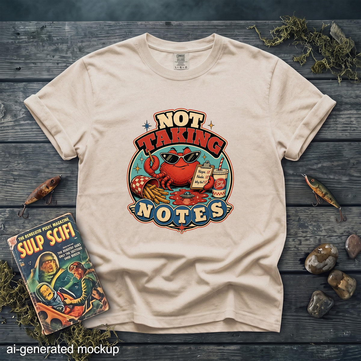 Cream t-shirt with "NOT TAKING NOTES" graphic featuring a crab with sunglasses.