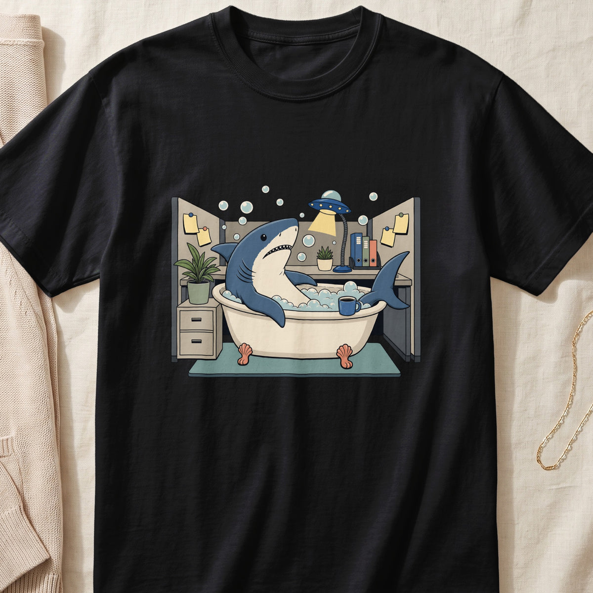 Shark taking a bath in an office with an alien lamp and coffee cup.