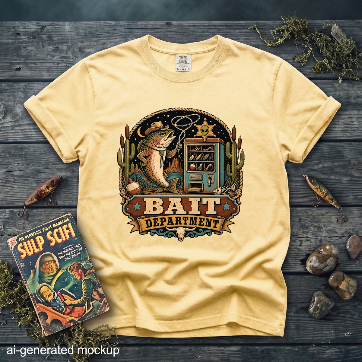 A yellow short-sleeve t-shirt features a vintage graphic with a cowboy fish, bait machine, and the text Bait Department.
