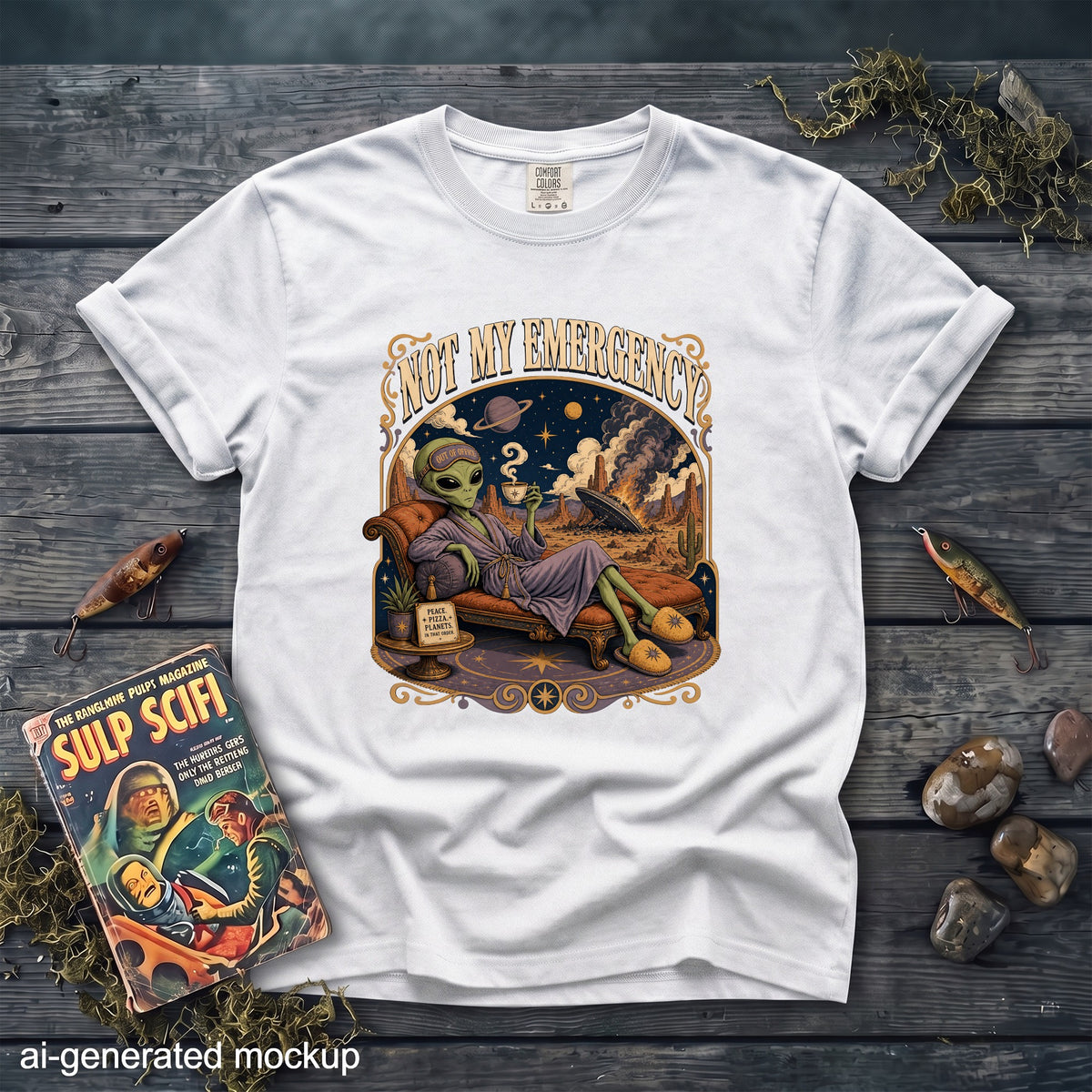 White t-shirt with alien relaxing on chaise lounge with text "Not My Emergency".