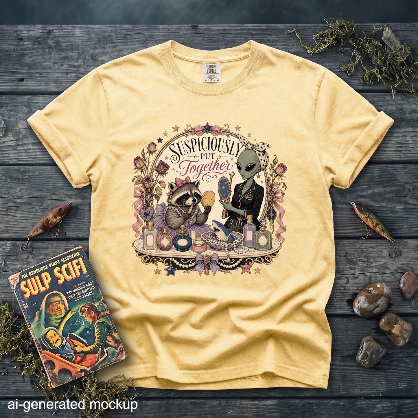 A yellow t-shirt with a vintage-style graphic of an alien and a raccoon applying makeup.