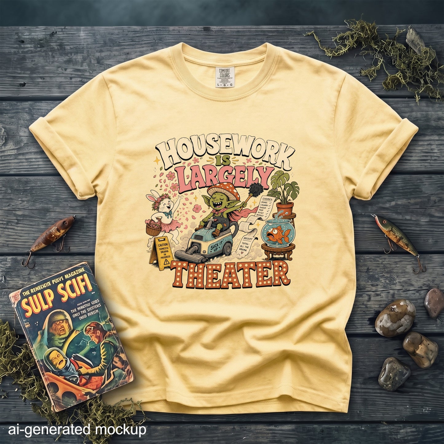 Yellow t-shirt with "Housework is Largely Theater" graphic featuring a goblin on a vacuum.