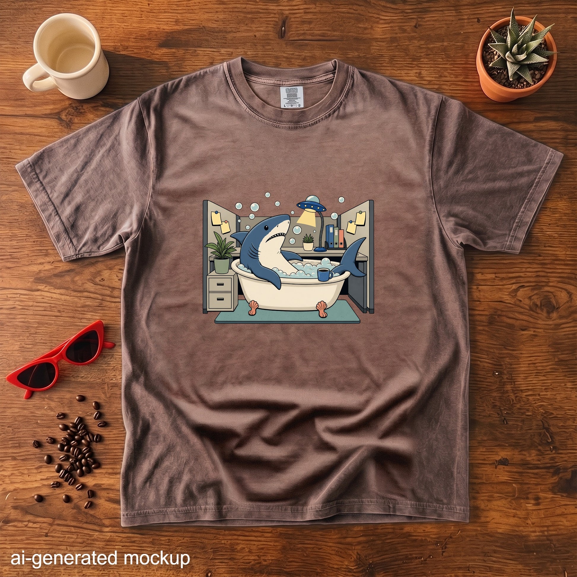 Brown t-shirt with cartoon of shark in bathtub in office cubicle.