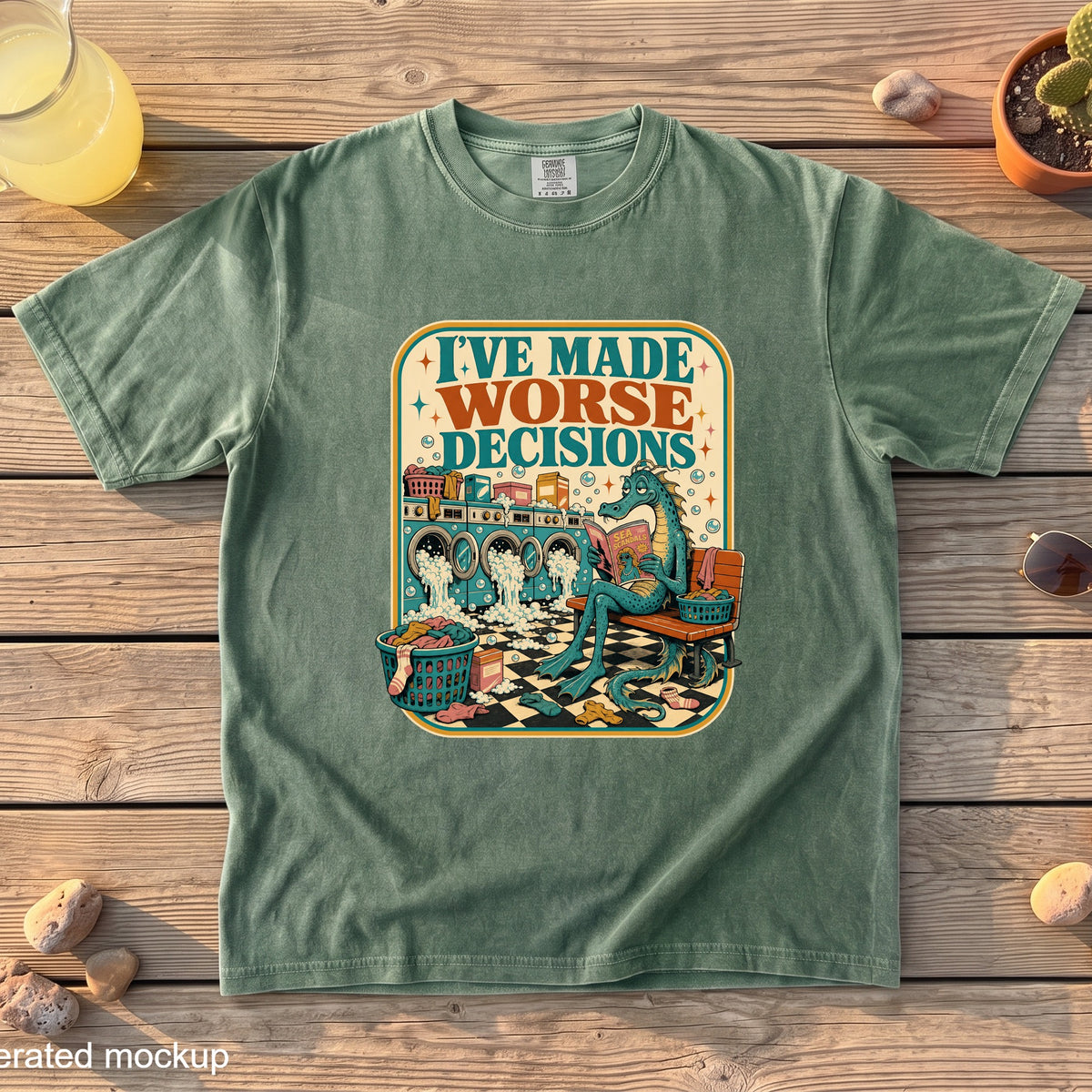 Green t-shirt with graphic of a dragon reading a magazine in a laundromat.