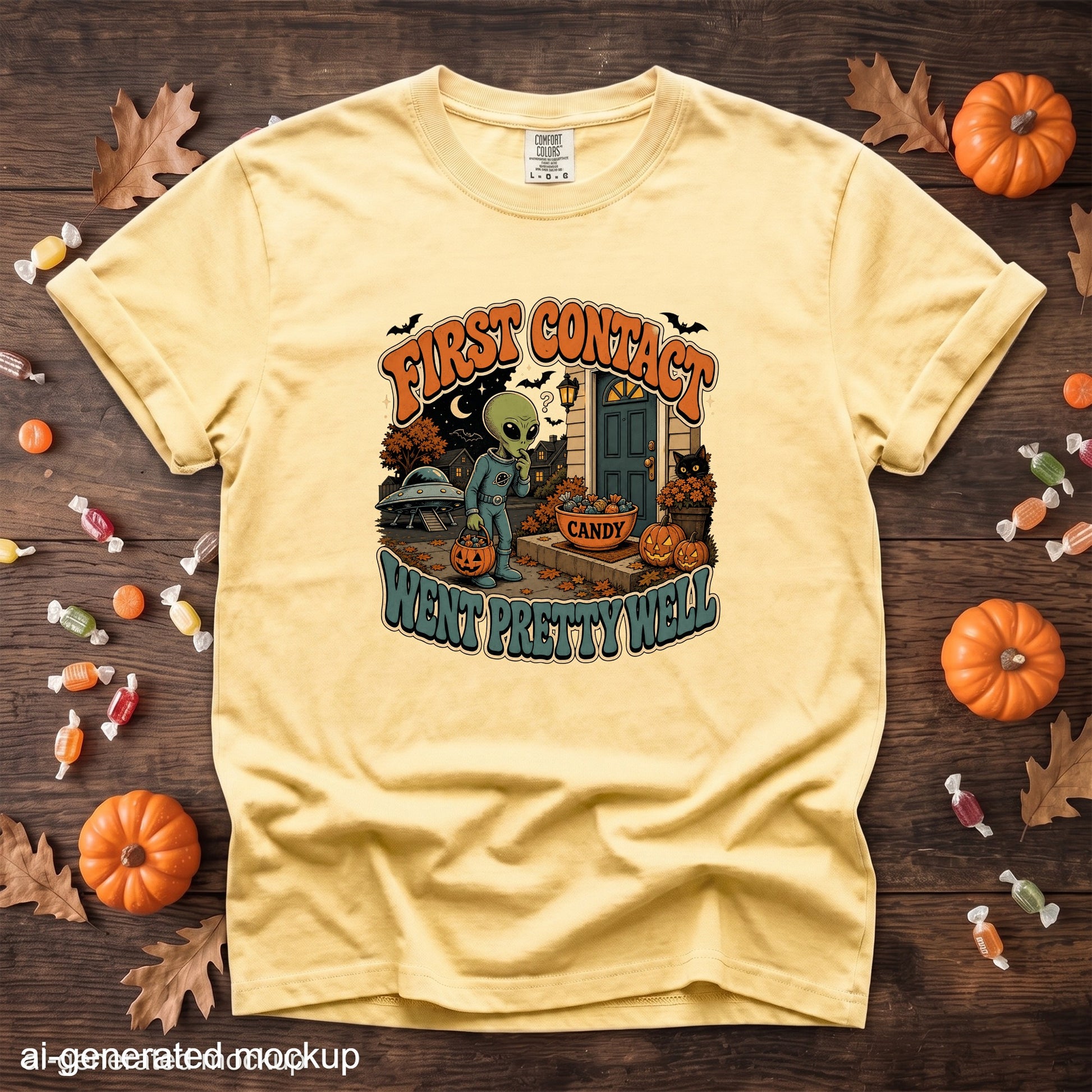 Yellow t-shirt with "First Contact Went Pretty Well" alien Halloween graphic.