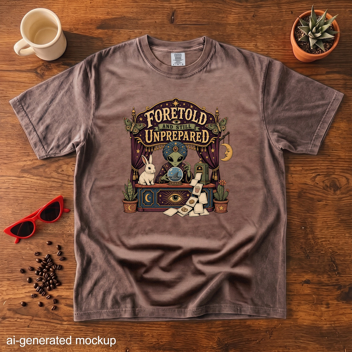 T-shirt with graphic of an alien fortune teller, rabbit, and text "Foretold and Still Unprepared".