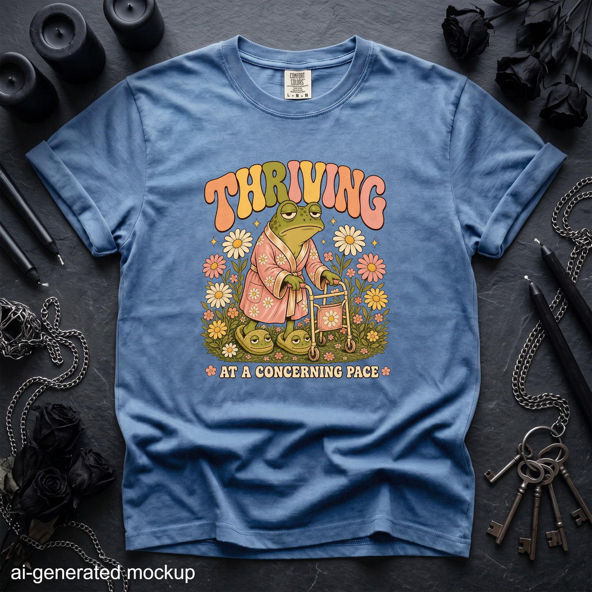 Blue t-shirt with graphic of a frog wearing a robe, slippers, and using a walker, with text "THRIVING AT A CONCERNING PACE".