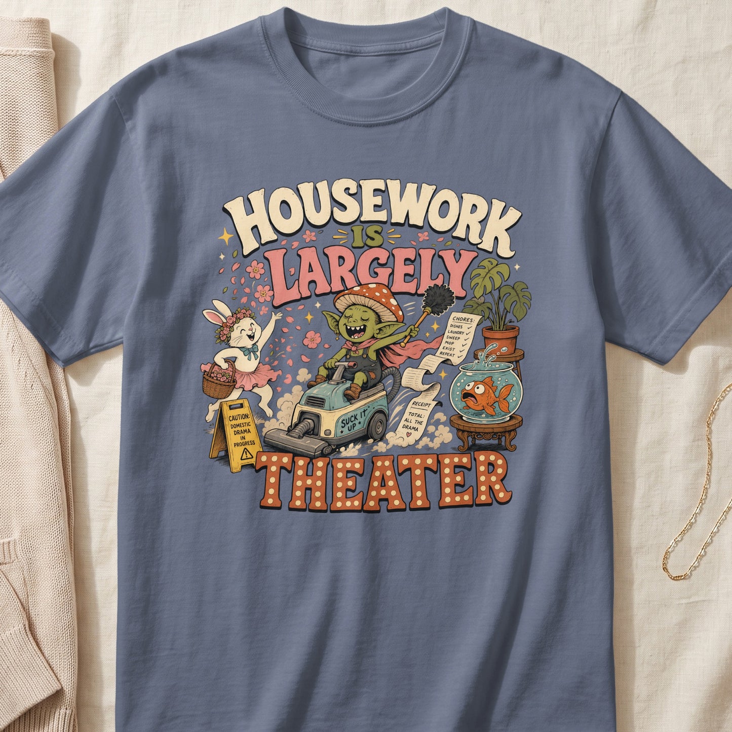 Housework is largely theater text on a shirt with a goblin on a vacuum.